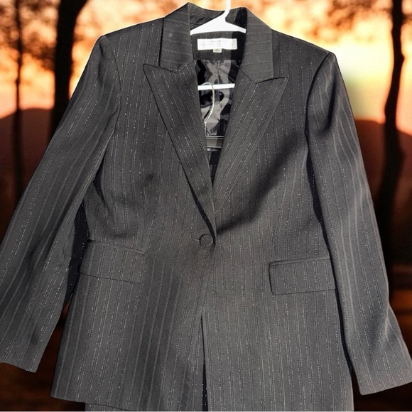 Elegant Tahari ASL Size 12 Petite Black Silver Lurex Pinstripes Dressy Pantsuit - Picture 6 of 16